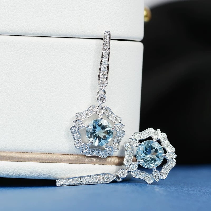 14k Gold 1.66 Ctw Natural Aquamarine & Diamond Earrings - 2