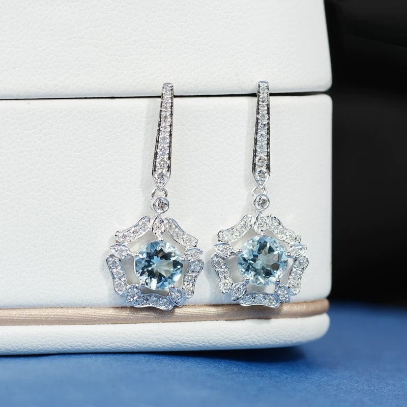 14k Gold 1.66 Ctw Natural Aquamarine & Diamond Earrings - 3