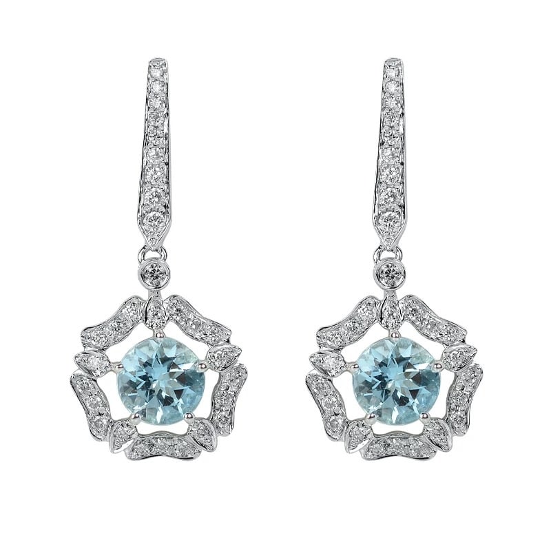 14k Gold 1.66 Ctw Natural Aquamarine & Diamond Earrings - 5