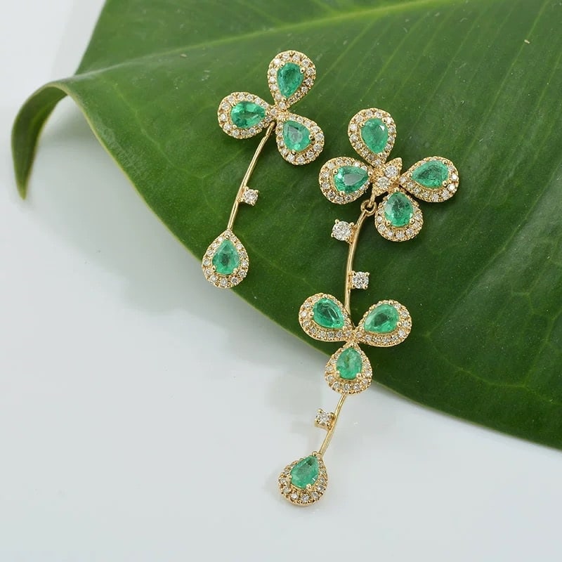14k Gold 2.39 Ctw Natural Emerald & Diamond Earrings - 2