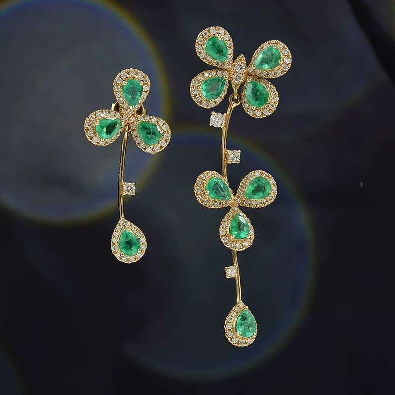 14k Gold 2.39 Ctw Natural Emerald & Diamond Earrings - 3