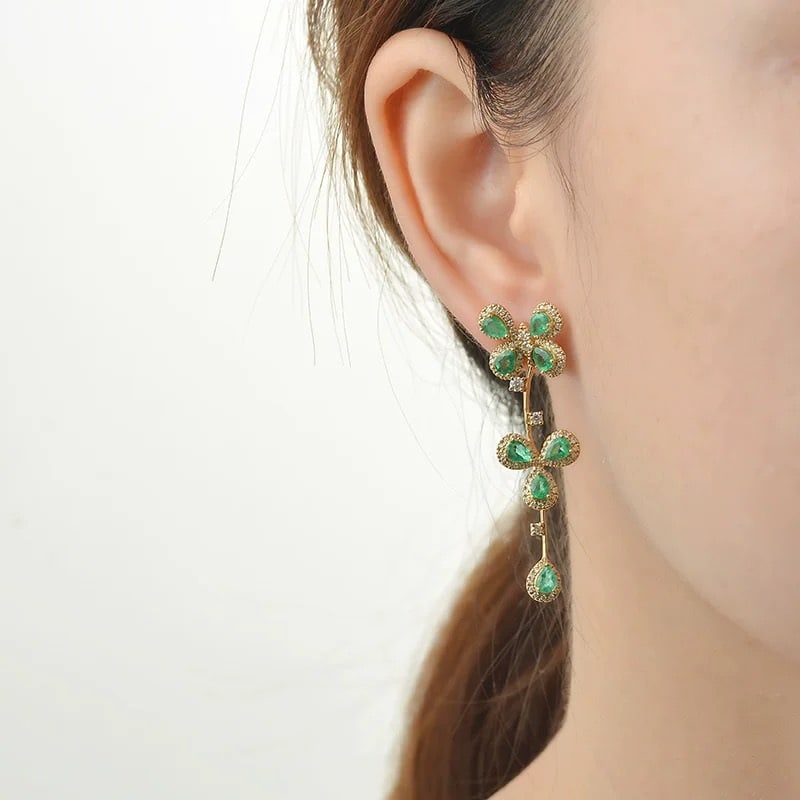 14k Gold 2.39 Ctw Natural Emerald & Diamond Earrings - 4