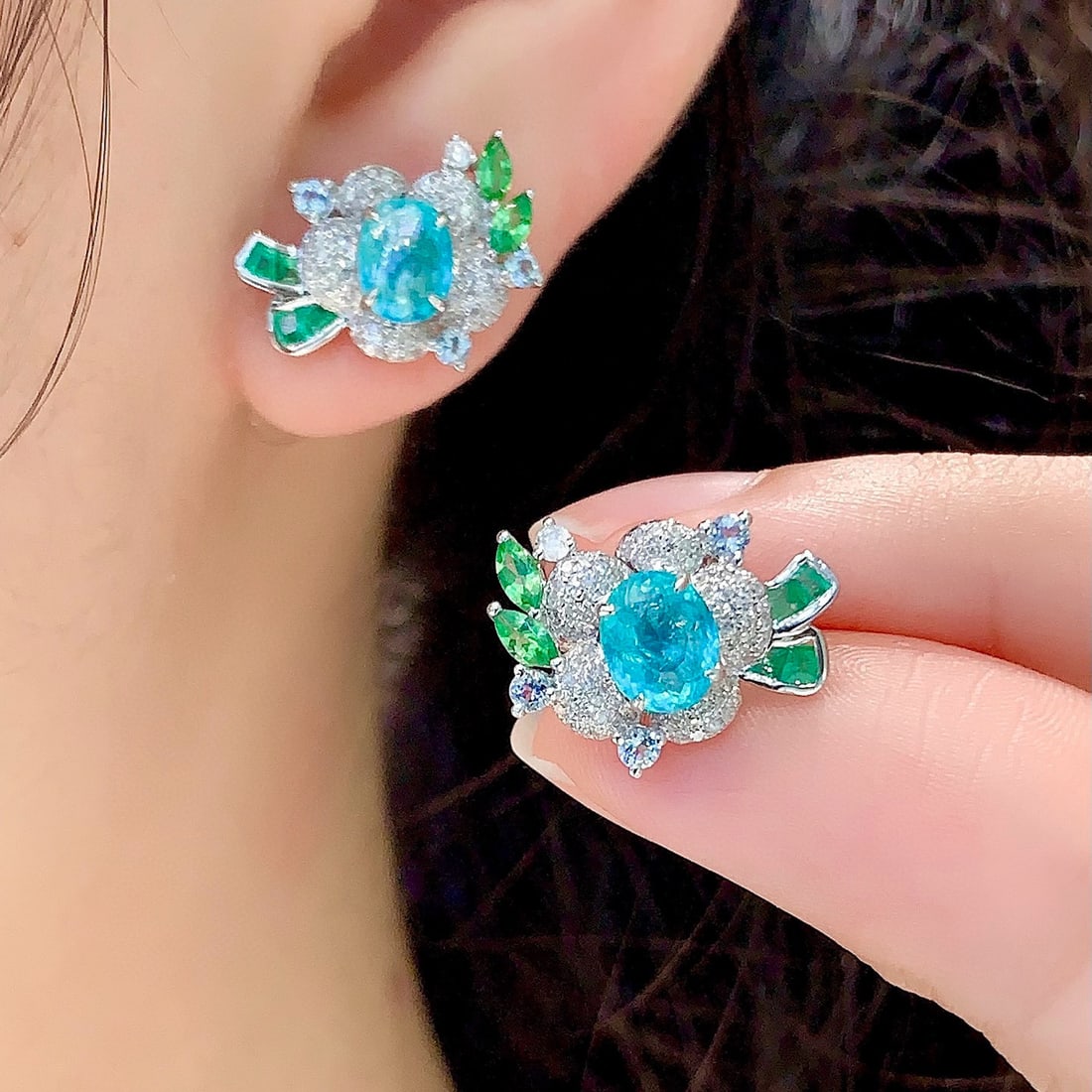 14k Gold 1.8 Ct Natural Paraiba Tourmaline & Diamond Earrings - 5