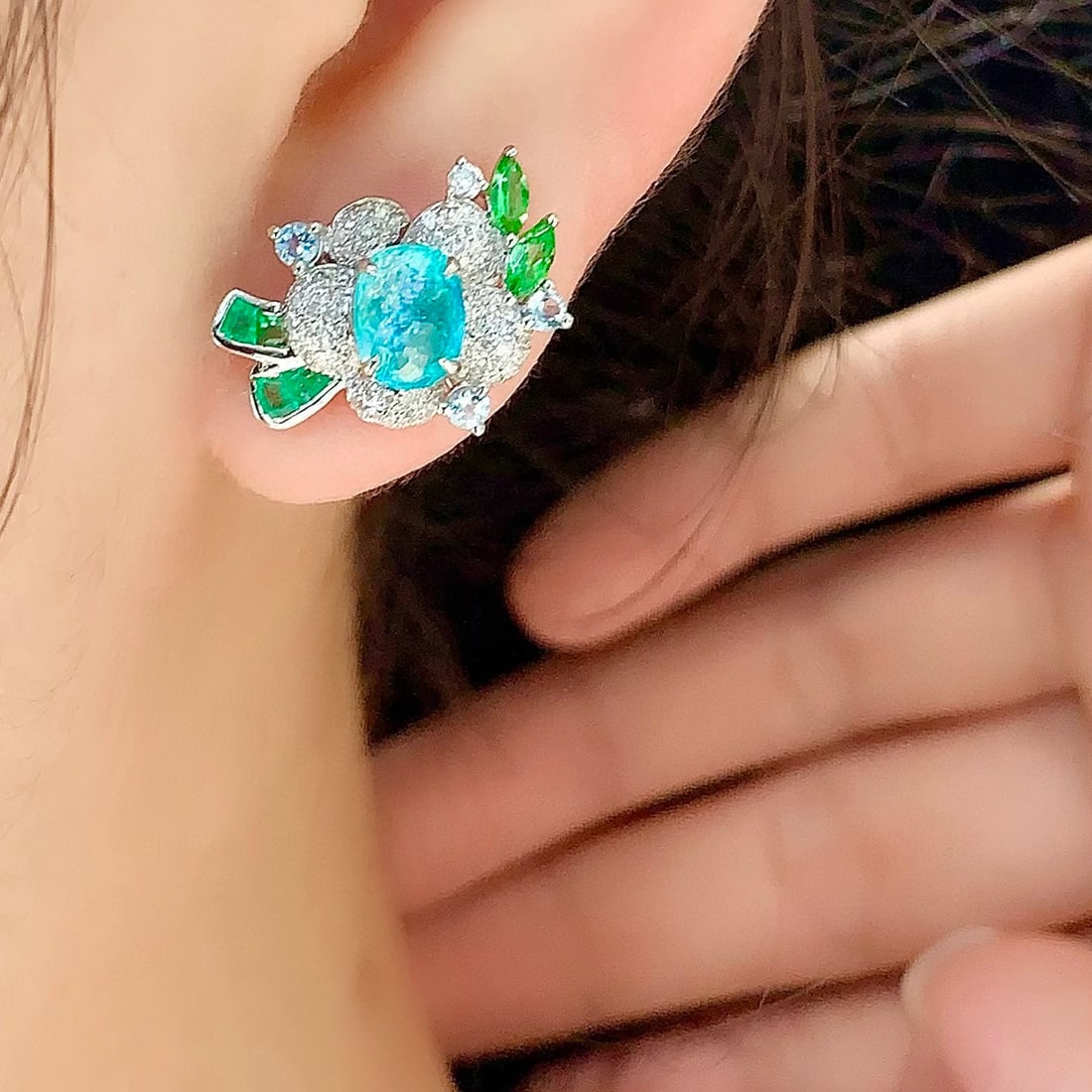 14k Gold 1.8 Ct Natural Paraiba Tourmaline & Diamond Earrings - 6