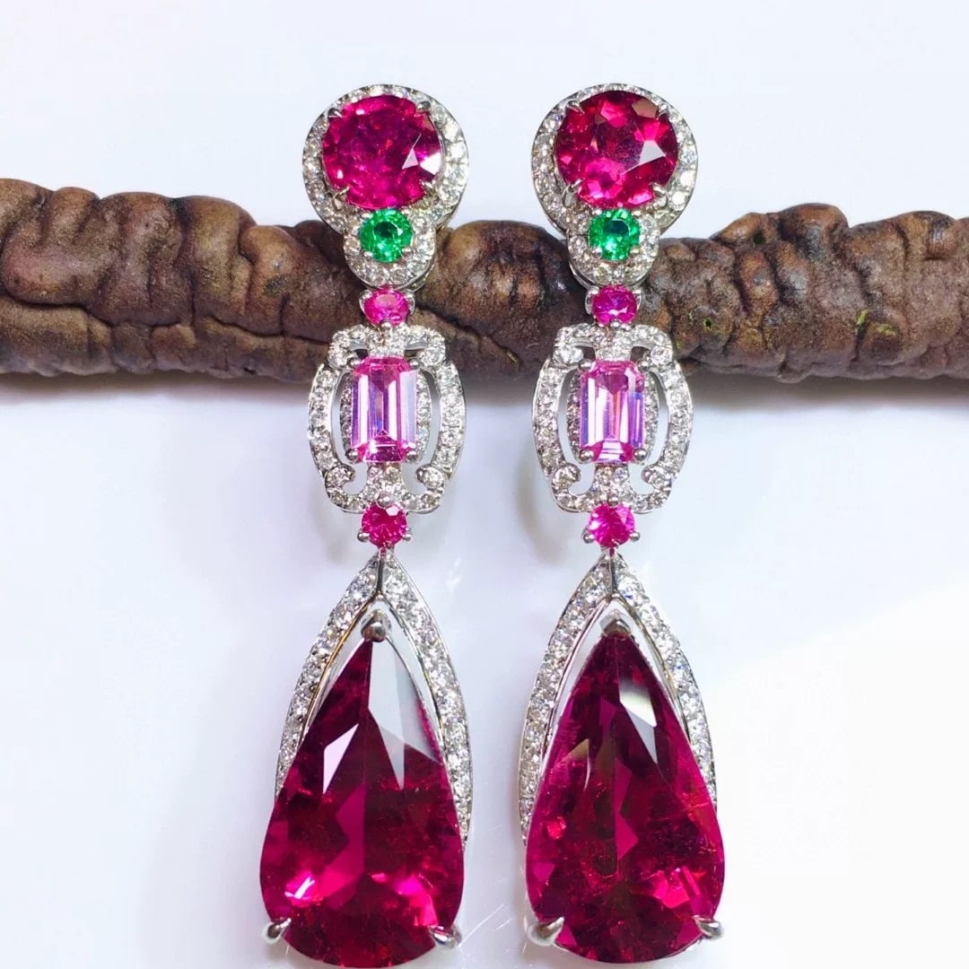 14k Gold 10.7 Ct Natural Tourmaline & Tourmaline & Sapphire & Ruby & Emerald & Diamond Earrings (1 of 6)