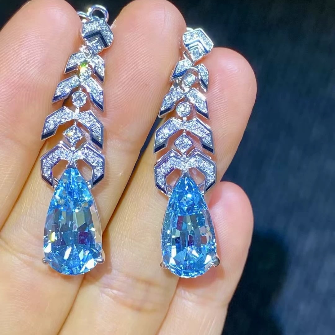 14k Gold 11.27 Ctw Natural Aquamarine & Diamond Earrings - 2