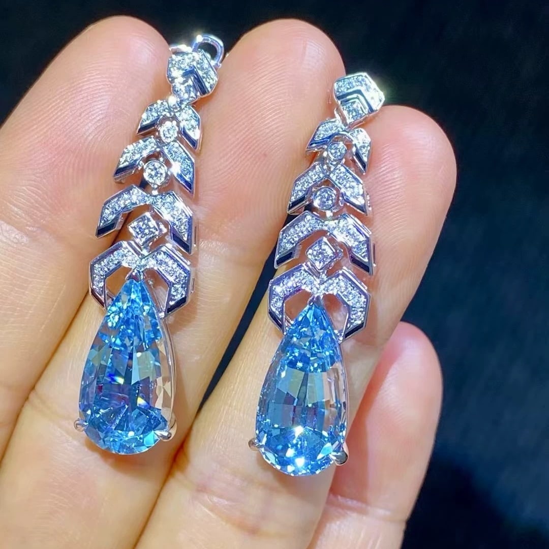 14k Gold 11.27 Ctw Natural Aquamarine & Diamond Earrings - 4