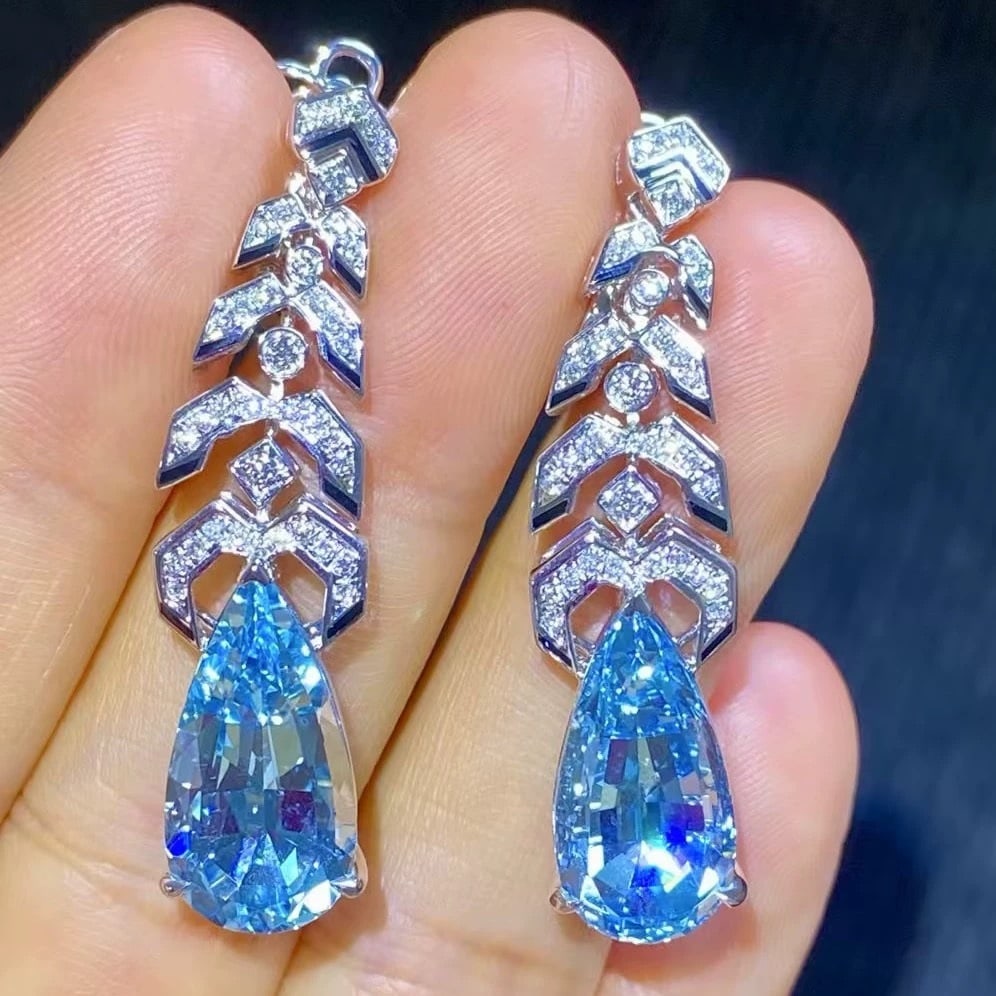14k Gold 11.27 Ctw Natural Aquamarine & Diamond Earrings - 5