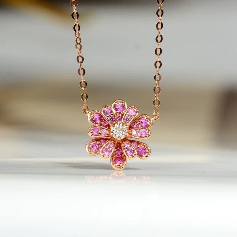 14k Gold 0.32 Ctw Natural Sapphire & Ruby Necklace: Ref:231007047 // gold content:14k gold // main gemstone:sapphire // shape:round // carat weight:0. 21ct // color:pink // treatment:natural // cut grade:g // // adjacent gemstone 2 : ruby //