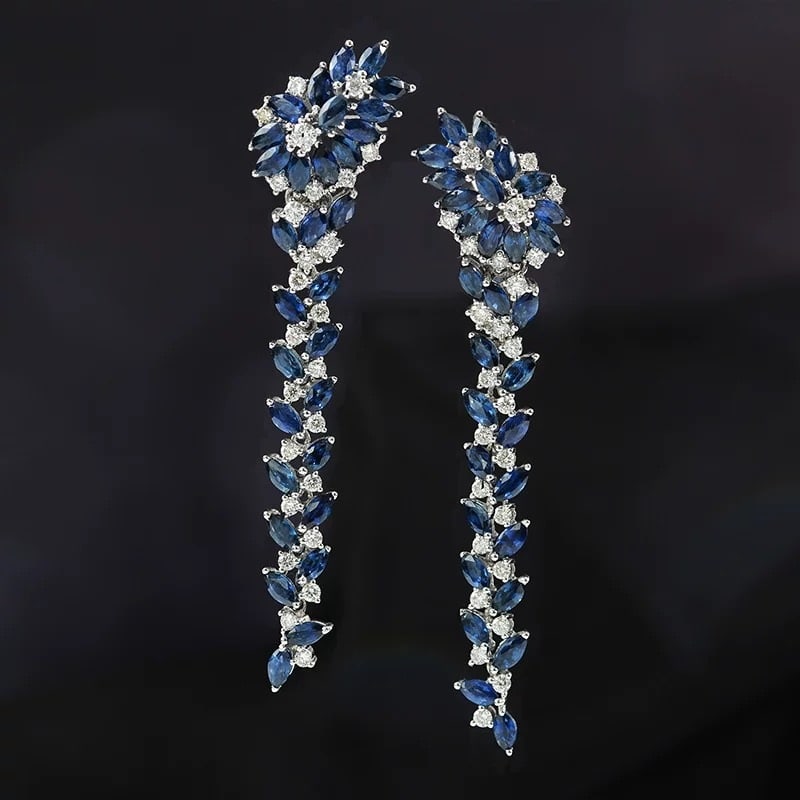 14k Gold 8.48 Ctw Natural Sapphire & Diamond Earrings: Ref:231007049 // gold content:14k gold // main gemstone:sapphire // shape:marquise // carat weight:7. 43ct // color:blue // treatment:natural // // adjacent gemstone 2 : diamond // shape:round //