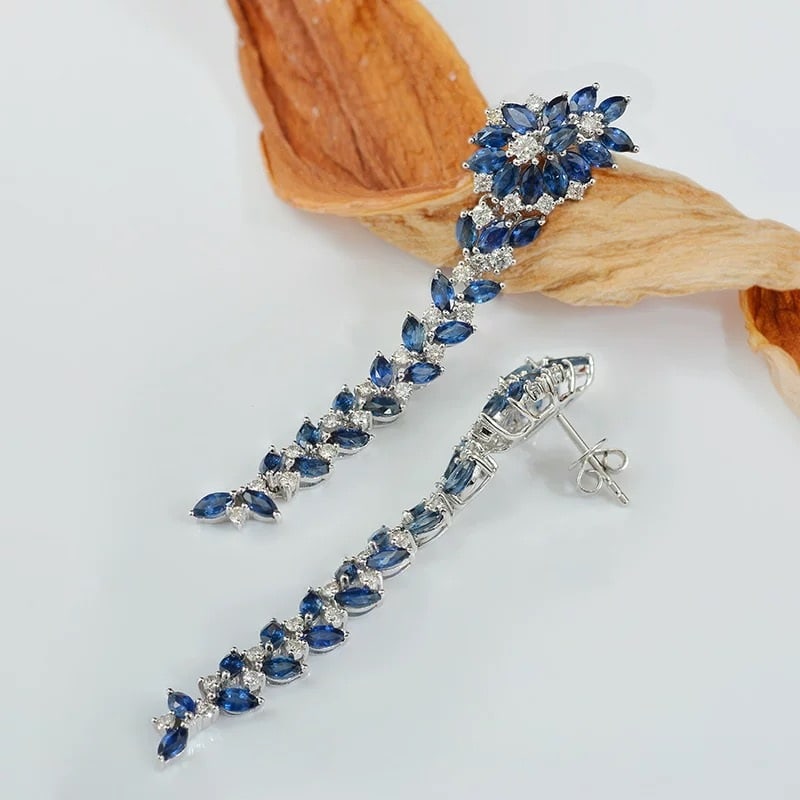 14k Gold 8.48 Ctw Natural Sapphire & Diamond Earrings - 3