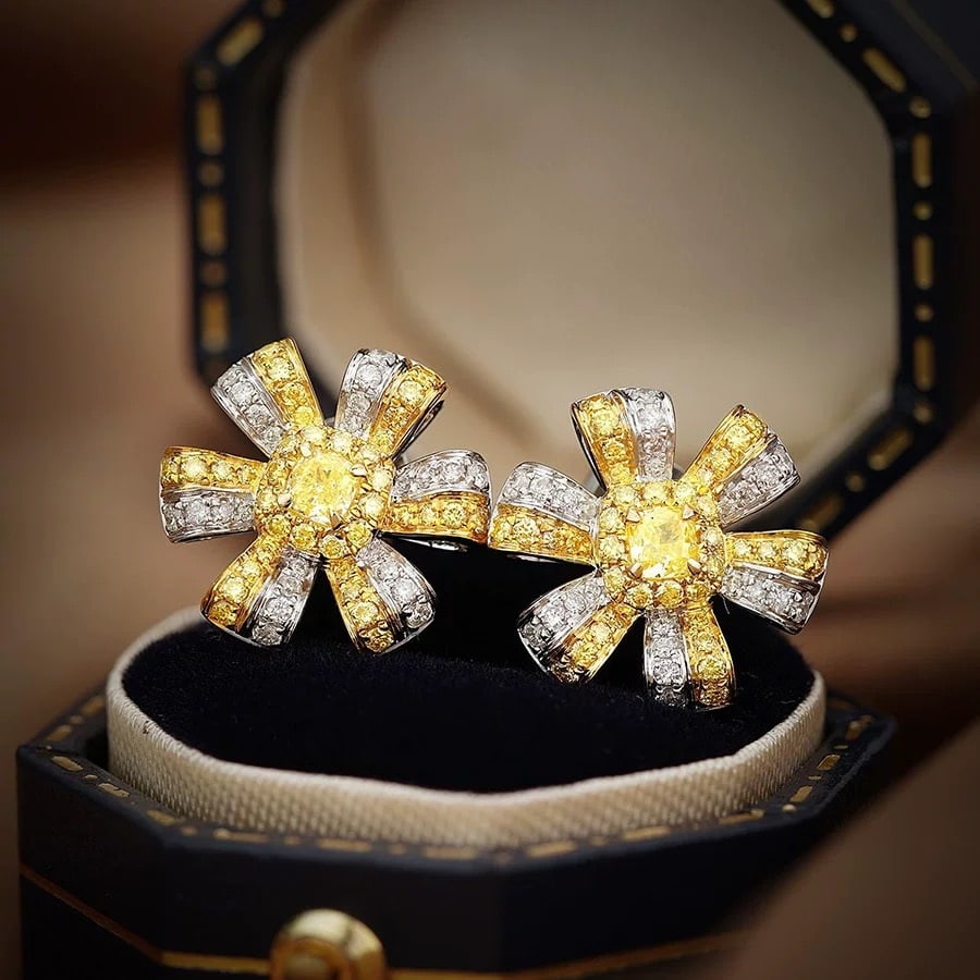 14k Gold 0.59 Ctw Natural Yellow Diamond & Diamond Earrings: Ref:231007054 // gold content:14k gold // main gemstone:yellow diamond // shape:cushion // carat weight:0. 2ct // color:yellow // treatment:natural // // adjacent gemstone 2 : diamond // shape:round