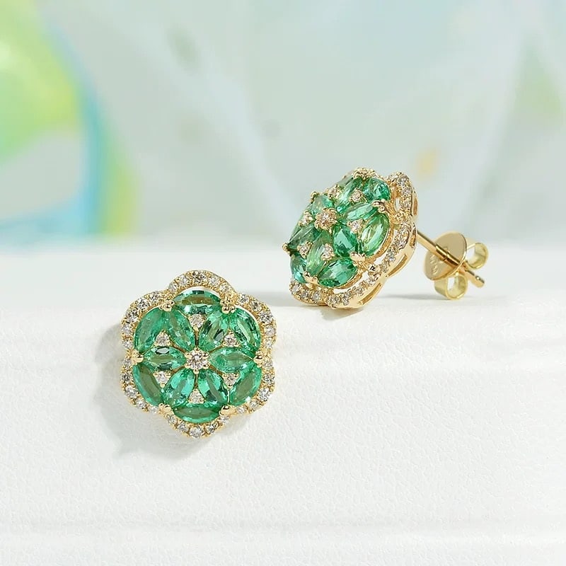 14k Gold 1.89 Ctw Natural Emerald & Diamond Earrings (1 of 4)