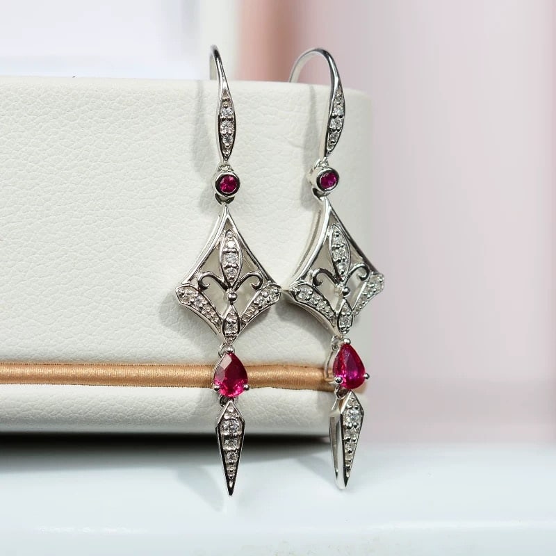 14k Gold 0.52 Ctw Natural Ruby & Diamond Earrings - 2