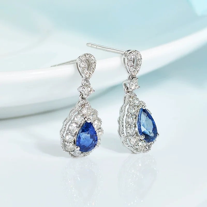 14k Gold 1.59 Ctw Natural Sapphire & Diamond Earrings - 2