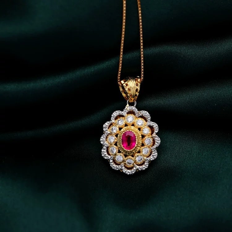 14k Gold 1.09 Ctw Natural Ruby & Diamond Necklace: Ref:231007081 // gold content:14k gold // main gemstone:ruby // shape:oval // carat weight:0. 59ct // color:red // treatment:natural // // adjacent gemstone 2 : diamond // shape:round // carat weight: