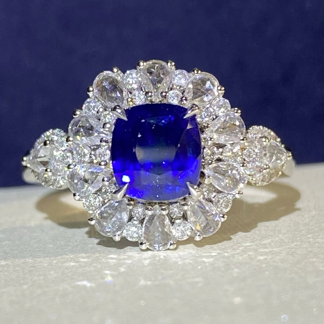 14k Gold 2.14 Ctw Natural Sapphire & Diamond Ring: Ref:231007090 // gold content:14k gold // ring size:7. 25us // // main gemstone:sapphire // shape:cushion // carat weight:1. 52ct // color:royal blue // treatment:natural // // adjacent gemstone 2 :