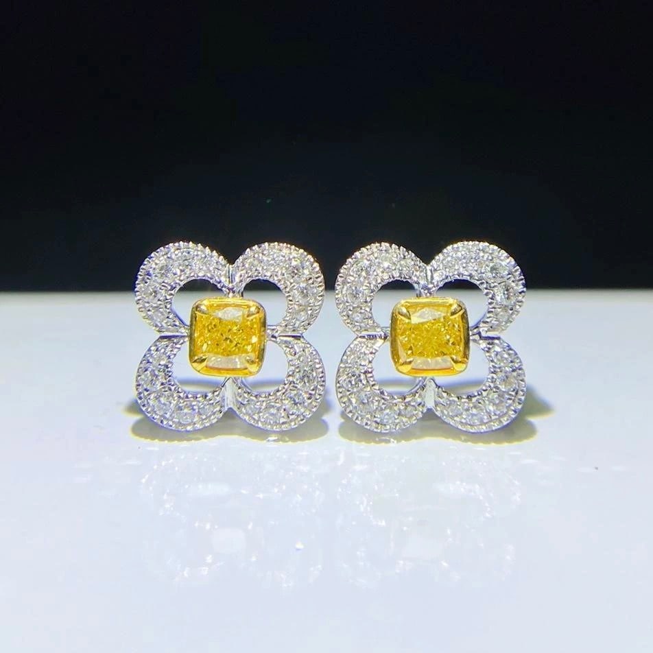 14k Gold 0.34 Ctw Natural Yellow Diamond & Diamond Earrings: Ref:231007091 // gold content:14k gold // main gemstone:yellow diamond // shape:cushion // carat weight:0. 23ct // color:yellow // treatment:natural // // adjacent gemstone 2 : diamond // shape:round