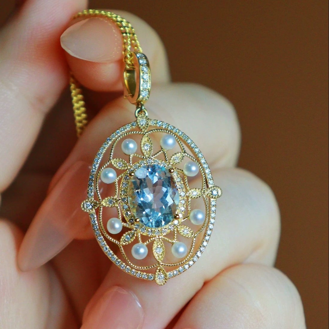 14k Gold 2.45 Ctw Natural Aquamarine & Diamond Pendant( Without Chain ) - 2
