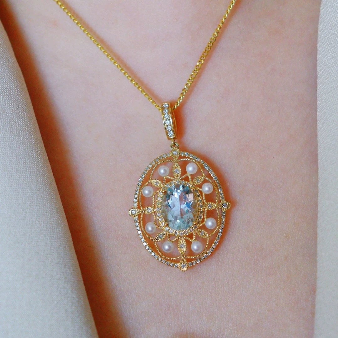 14k Gold 2.45 Ctw Natural Aquamarine & Diamond Pendant( Without Chain ) - 4
