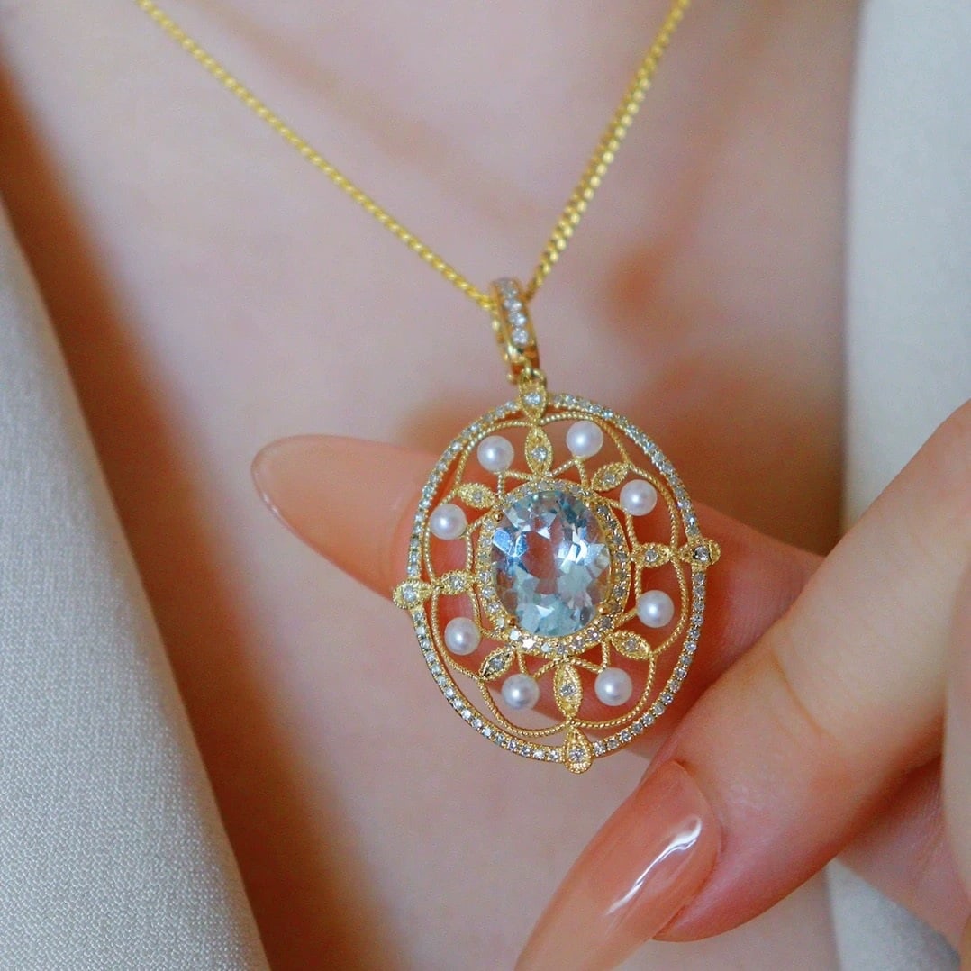 14k Gold 2.45 Ctw Natural Aquamarine & Diamond Pendant( Without Chain ) - 5