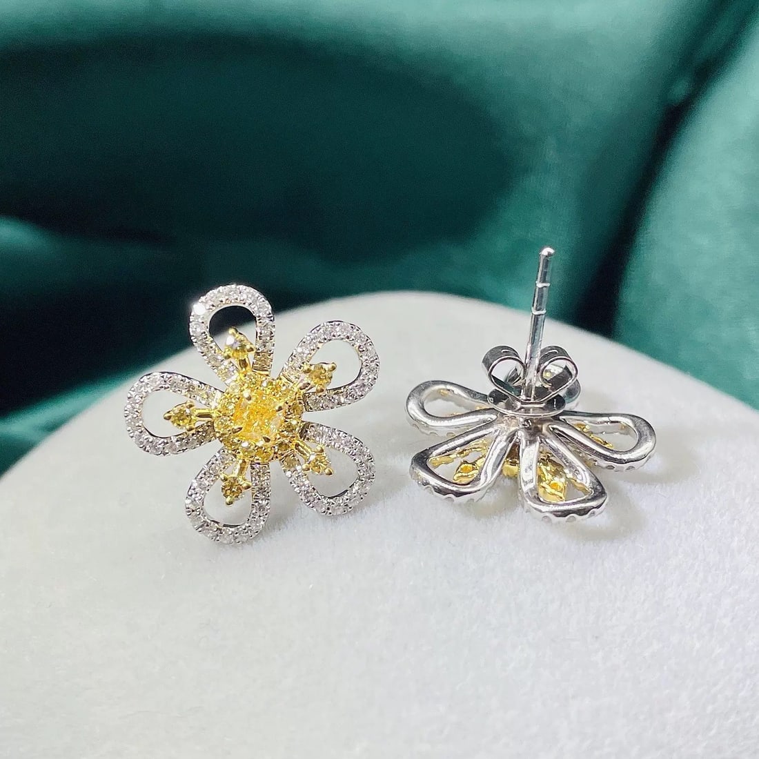 14k Gold 0.80 Ctw Natural Yellow Diamond & Diamond Earrings - 3