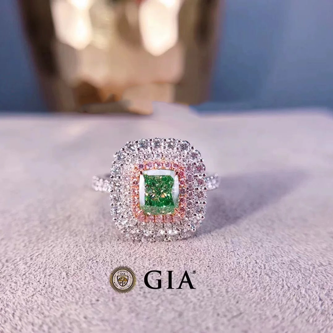 Gia Certified 14k Gold 1.90 Ctw Natural Green Diamond & Diamond Ring: Ref:231007099 // gold content:14k gold // ring size:7. 25us // // main gemstone:green diamond // certified:gia // shape:cushion // carat weight:1. 01ct // clarity grade:vs2 // color:green //