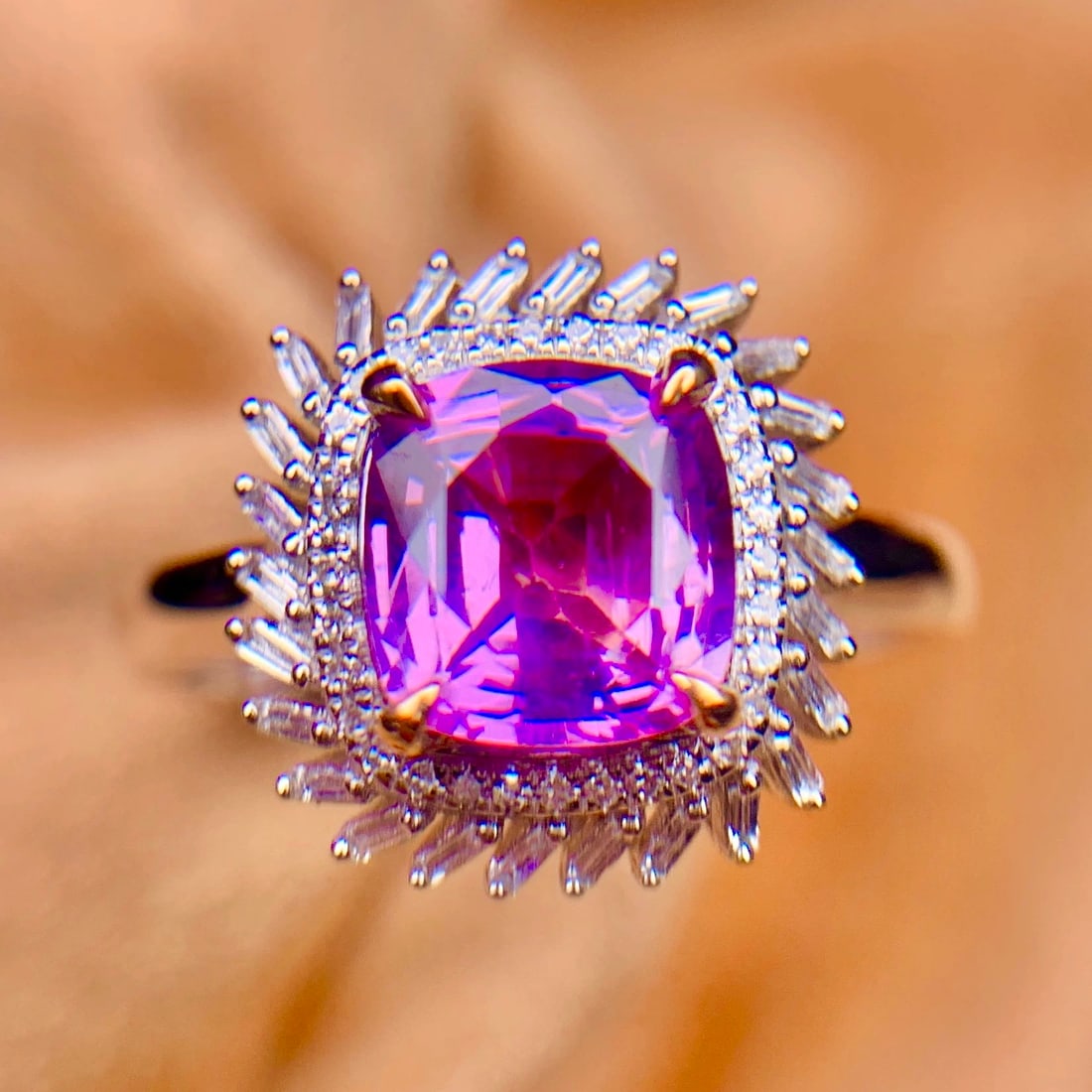 14k Gold 1.4 Ct Natural Sapphire & Diamond Ring: Ref:231007100 // gold content:14k gold // ring size:7. 25us // // main gemstone:sapphire // shape:cushion // carat weight:1. 4ct // color:purple // treatment:natural // // adjacent gemstone 2 :