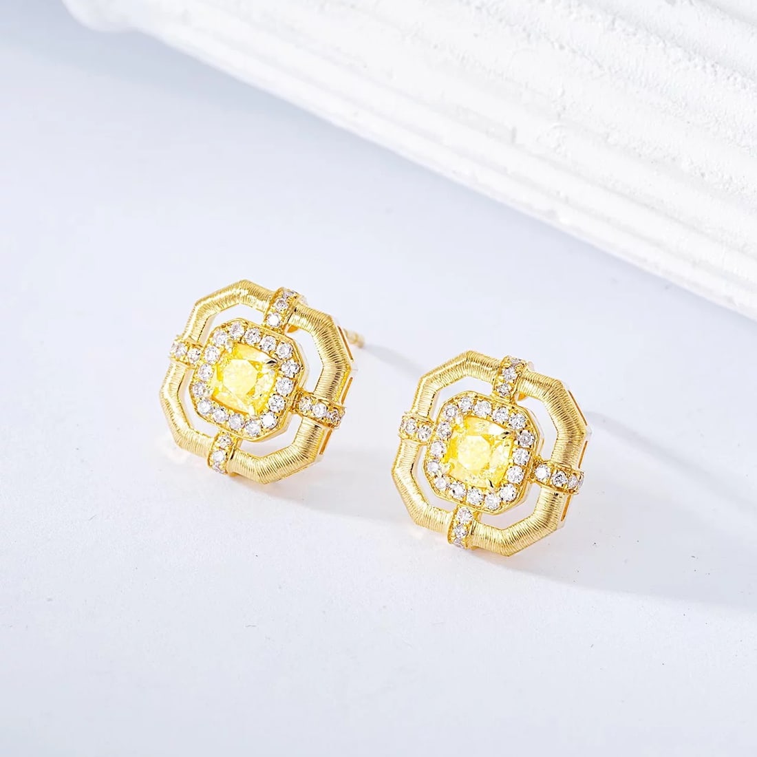 14k Gold 0.8 Ctw Natural Yellow Diamond & Diamond Earrings - 2
