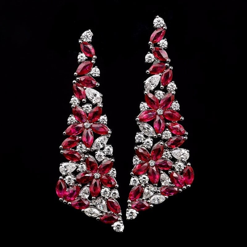 14k Gold 9.13 Ctw Natural Ruby & Diamond Earrings: Ref:231007123 // gold content:14k gold // main gemstone:ruby // shape:marquise // carat weight:6. 73ct // color:red // treatment:natural // // adjacent gemstone 2 : diamond // shape:multiply // carat