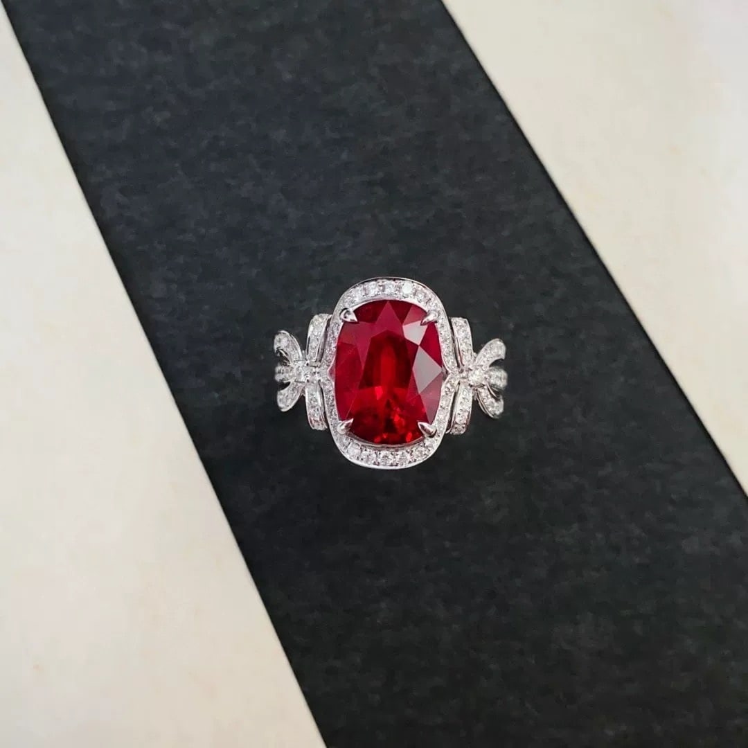 14k Gold 3.95 Ctw Natural Tourmaline & Diamond Ring: Ref:231007124 // gold content:14k gold // ring size:7. 25us // // main gemstone:tourmaline // shape:cushion // carat weight:3. 46ct // color:red // treatment:natural // // adjacent gemstone 2 :