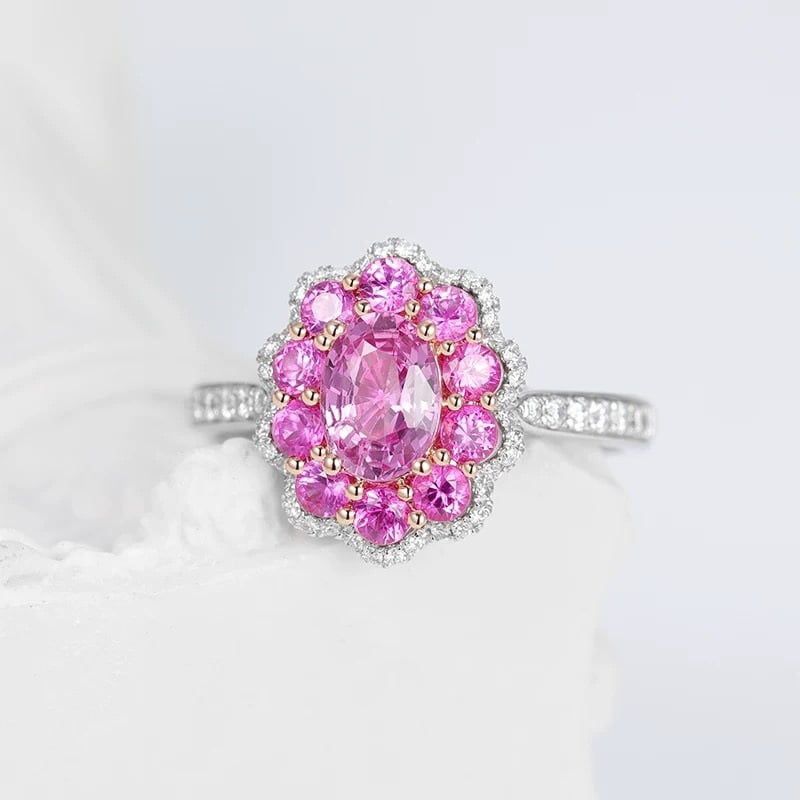 14k Gold 1.90 Ctw Natural Sapphire & Diamond Ring: Ref:231007136 // gold content:14k gold // ring size:7. 25us // // main gemstone:sapphire // shape:oval & round // carat weight:1. 66ct // color:pink // treatment:natural // // adjacent gemstone 2 :