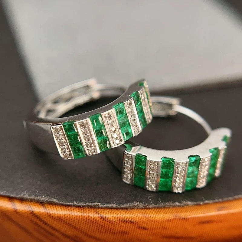 14k Gold 1.3 Ct Natural Emerald & Diamond Earrings - 2