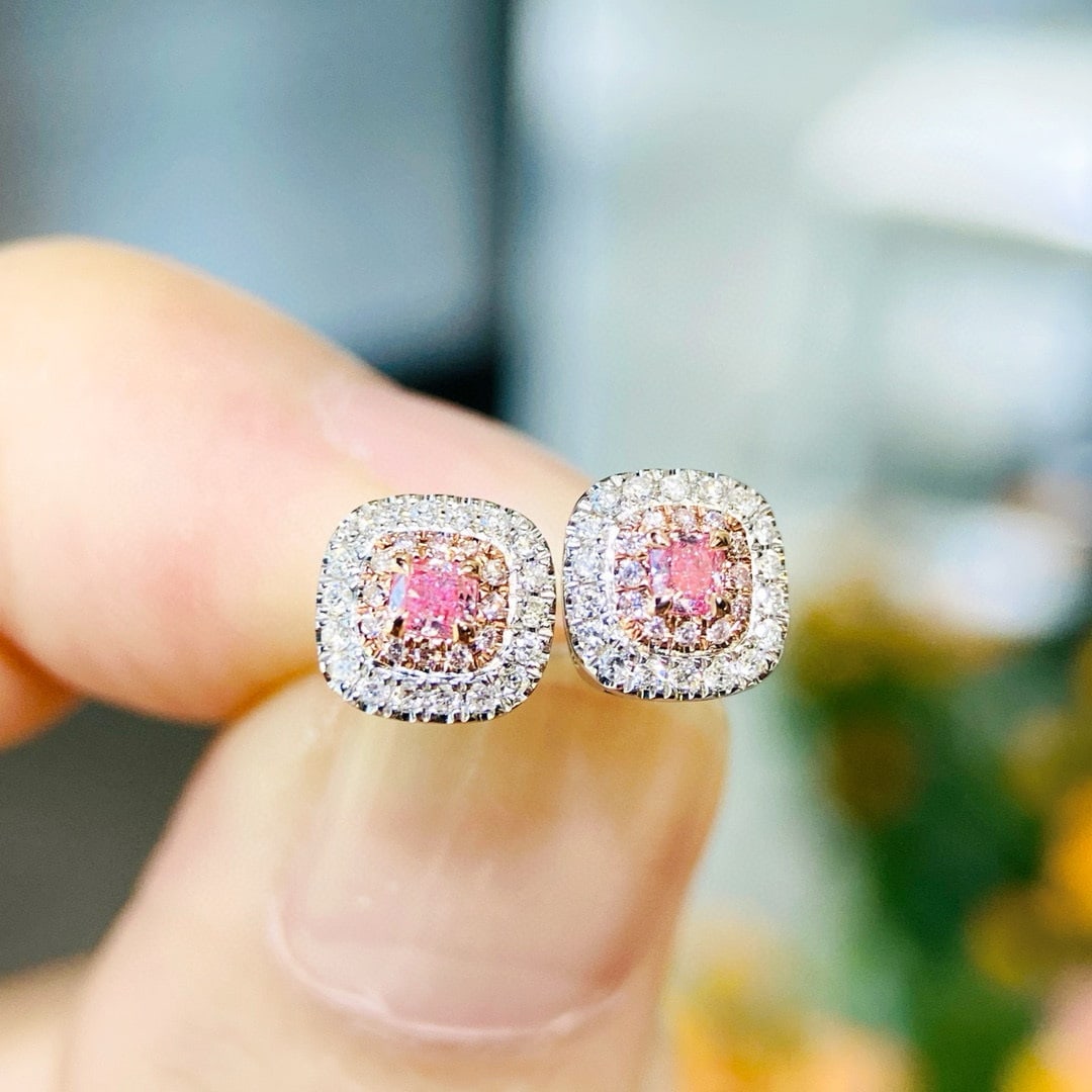 14k Gold 0.15 Ct Natural Pink Diamond & Diamond Earrings - 2
