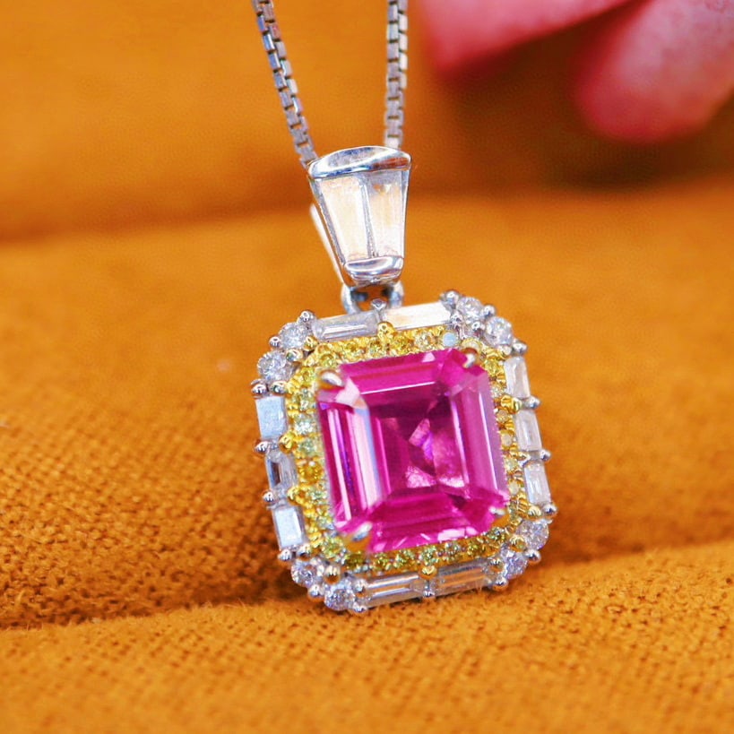 14k Gold 2.02 Ctw Natural Padparadscha Sapphire & Diamond Pendant( Without Chain ): Ref:231007163 // gold content:14k gold // main gemstone:padparadscha sapphire // shape:octagonal // carat weight:1. 65ct // color:pink // treatment:natural // // adjacent gemstone 2 : diamond //
