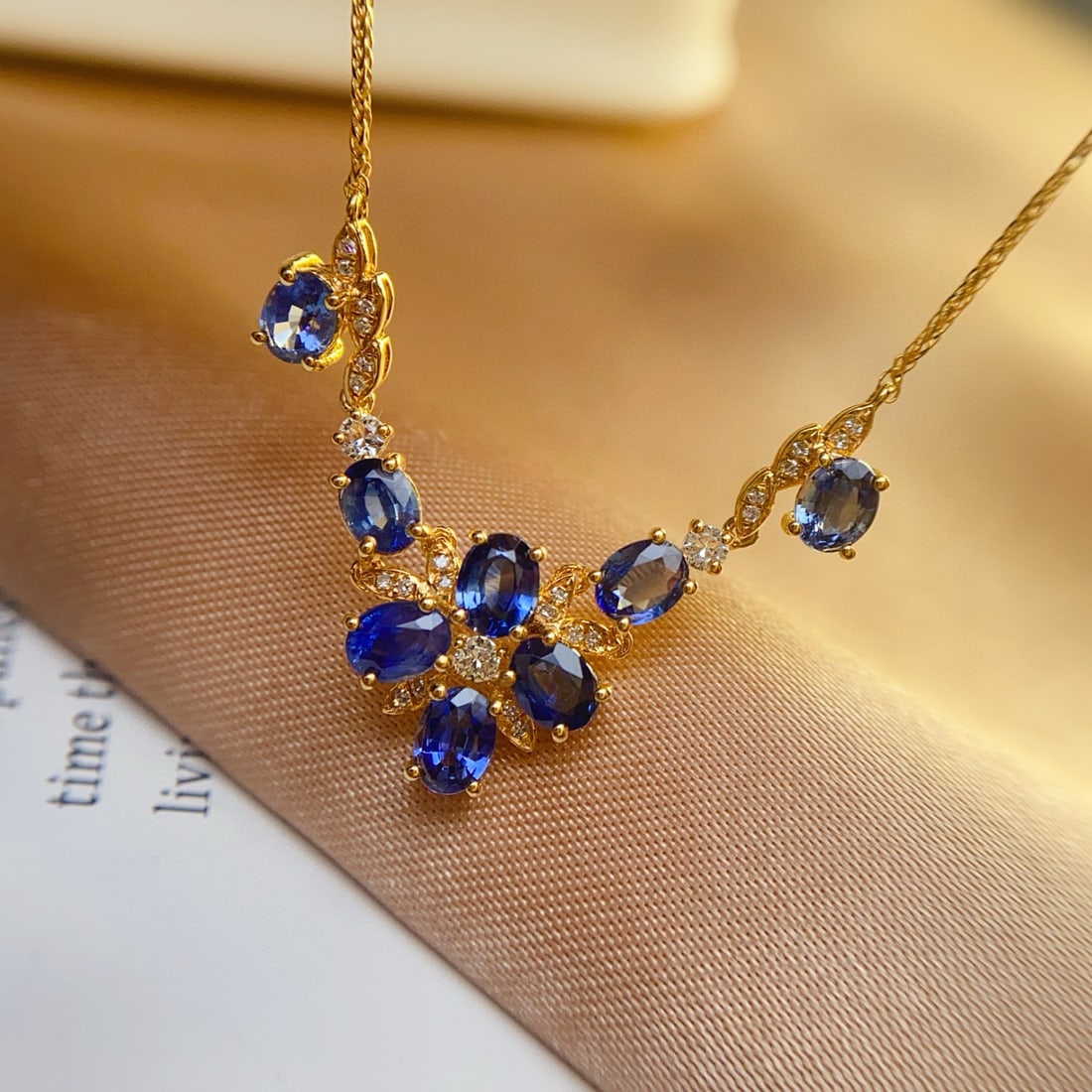 14k Gold 3.3 Ct Natural Sapphire & Diamond & Sapphire Necklace: Ref:231007171 // gold content:14k gold // main gemstone:sapphire // shape:oval // carat weight:3. 3ct // color:blue // treatment:natural // // adjacent gemstone 2 : diamond // number of stones:24 // s