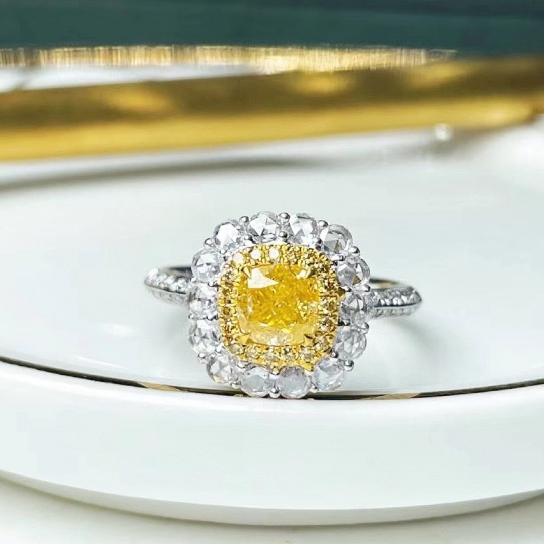 14k Gold 1.68 Ctw Natural Yellow Diamond & Diamond Ring: Ref:231007177 // gold content:14k gold // ring size:7. 25us // // main gemstone:yellow diamond // shape:cushion // carat weight:1ct // color:yellow // treatment:natural // // adjacent gemstone 2 :