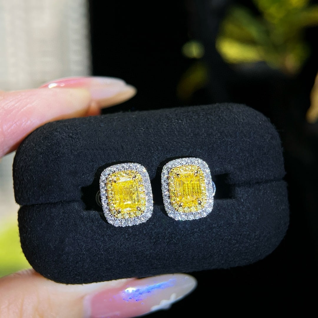 14k Gold 2.49 Ctw Natural Yellow Diamond & Diamond Earrings: Ref:231007191 // gold content:14k gold // main gemstone:yellow diamond // shape:emerald // carat weight:2. 01ct // color:yellow // treatment:natural // // adjacent gemstone 2 : diamond // shape:round