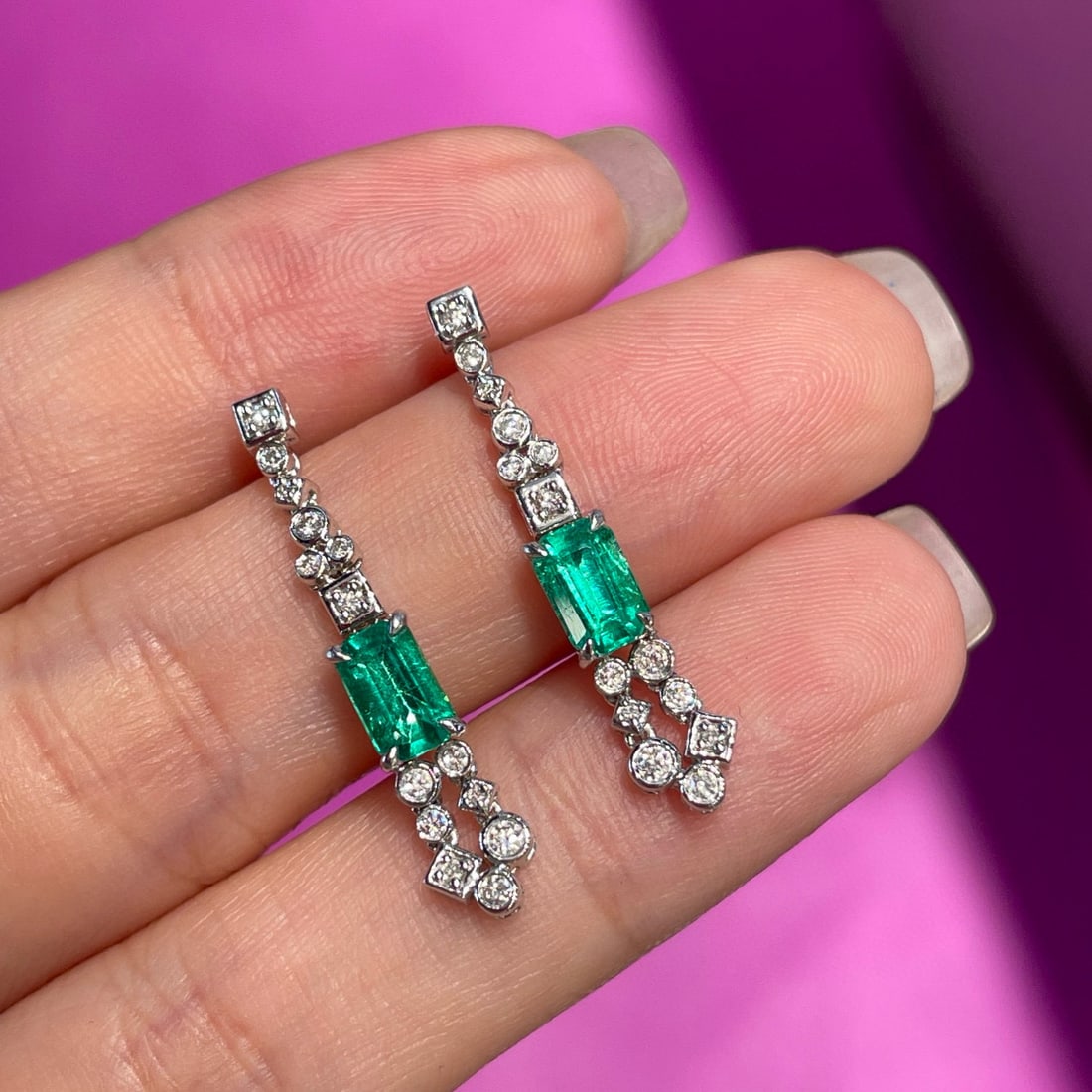 14k Gold 1.00 Ct Natural Emerald & Diamond Earrings - 2