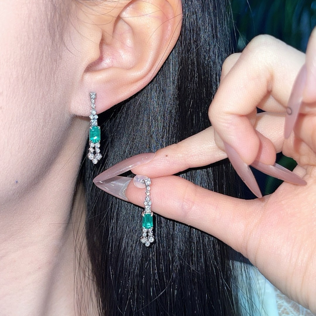 14k Gold 1.00 Ct Natural Emerald & Diamond Earrings - 3