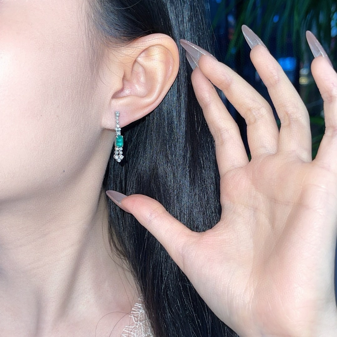 14k Gold 1.00 Ct Natural Emerald & Diamond Earrings - 5