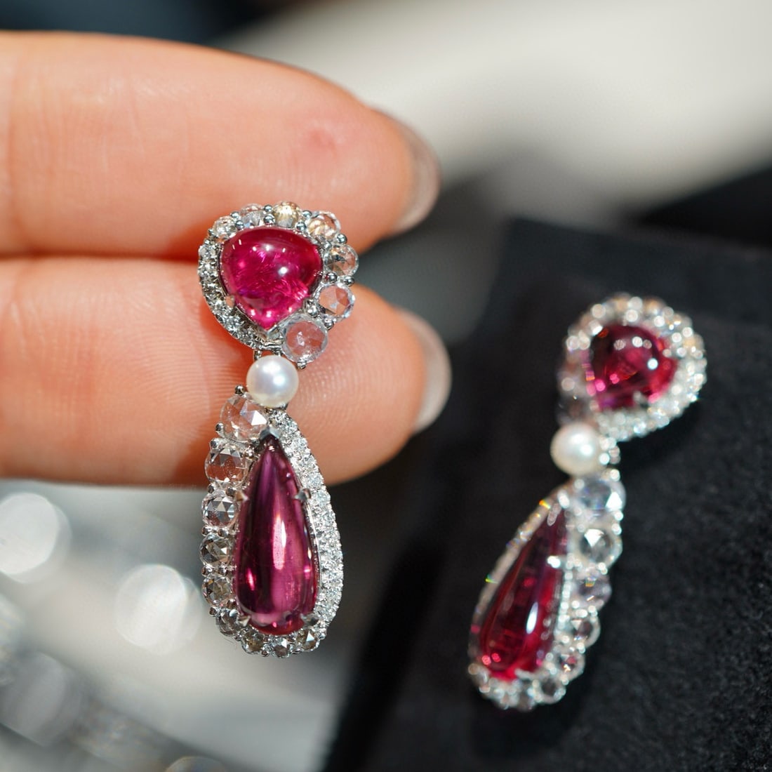 14k Gold 4.6 Ct Natural Tourmaline & Diamond & Sapphire Earrings: Ref:231007196 // gold content:14k gold // main gemstone:tourmaline // shape:pear // carat weight:4. 6ct // color:red // treatment:natural // // adjacent gemstone 2 : diamond // shape:round // clarity