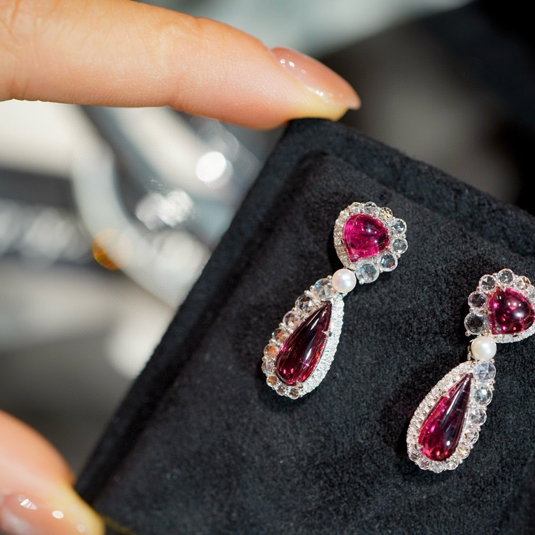 14k Gold 4.6 Ct Natural Tourmaline & Diamond & Sapphire Earrings - 2