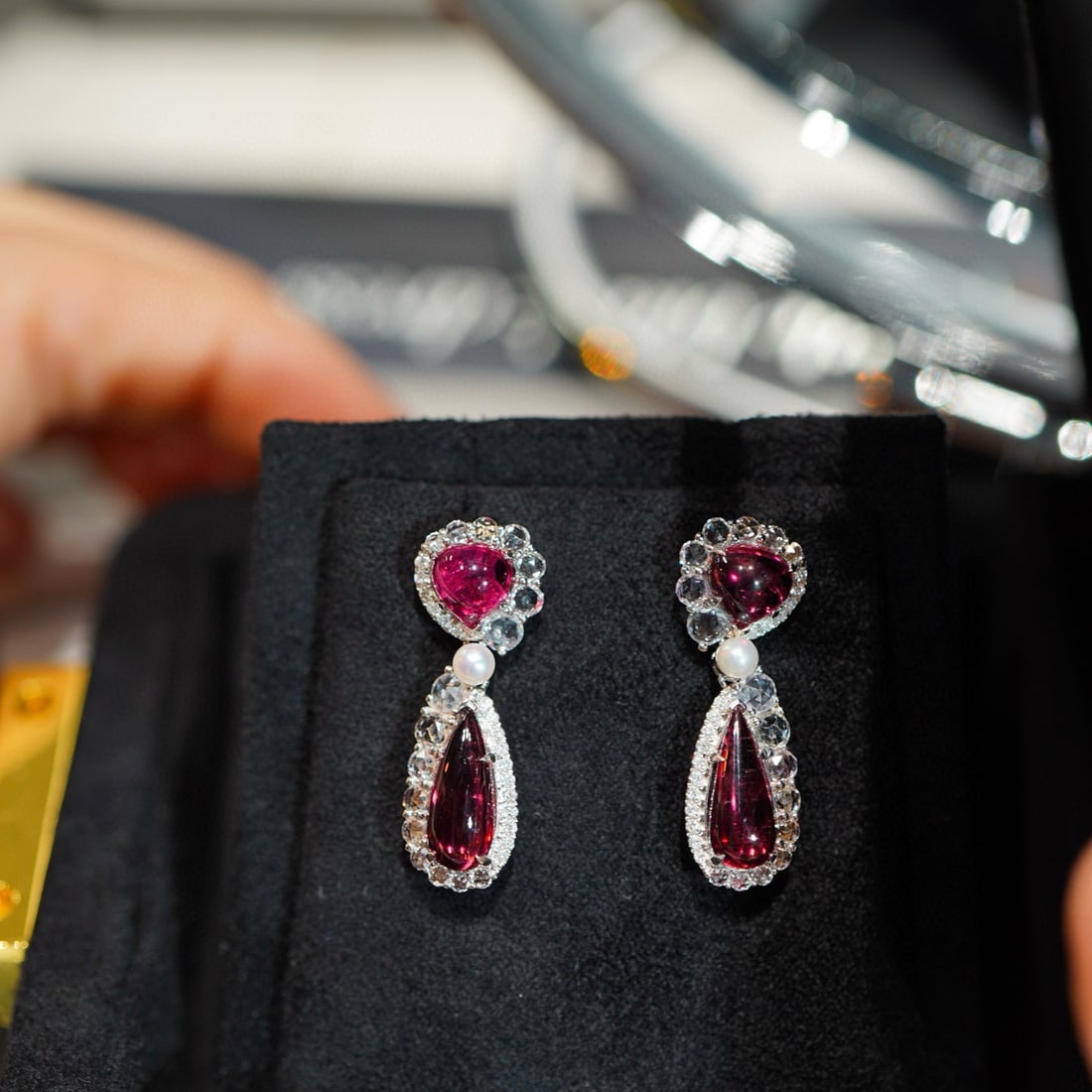 14k Gold 4.6 Ct Natural Tourmaline & Diamond & Sapphire Earrings - 6