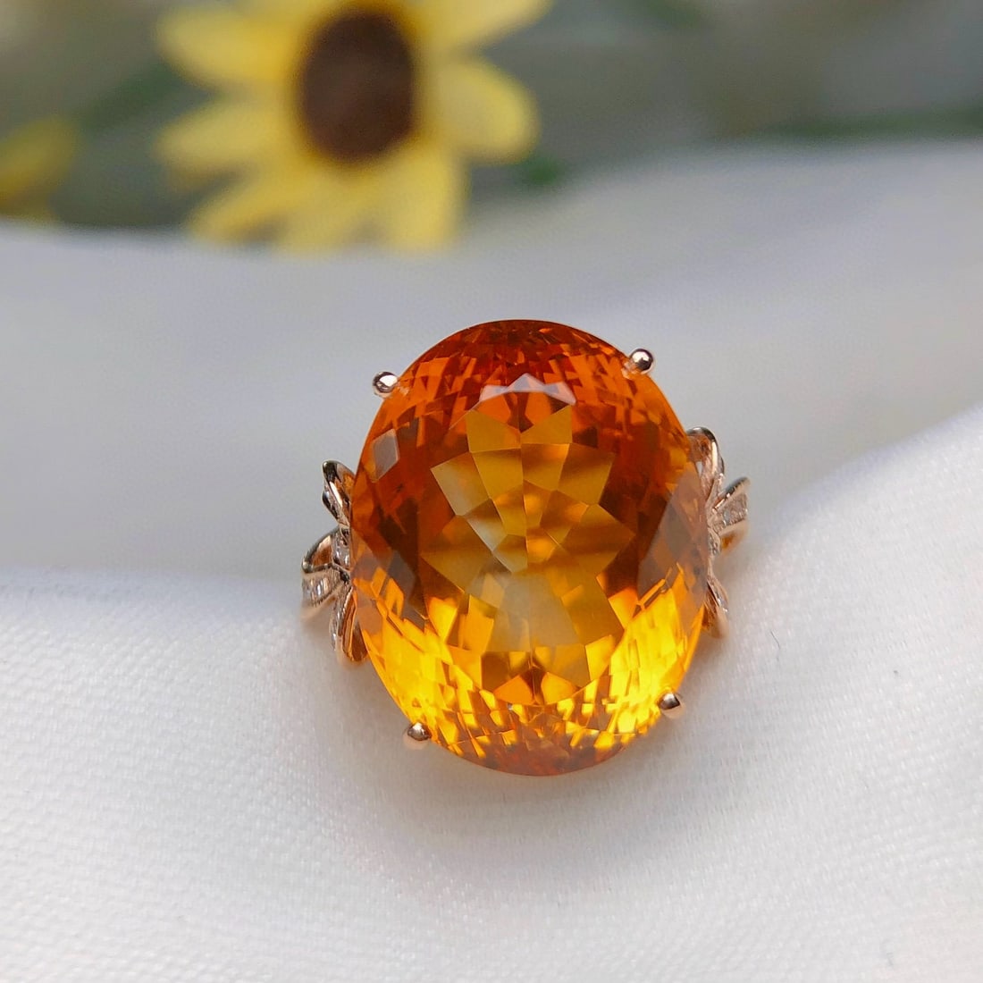 14k Gold 23.2 Ct Natural Citrine & Diamond Ring: Ref:231007208 // gold content:14k gold // ring size:7. 25us // // main gemstone:citrine // shape:oval // carat weight:23. 2ct // color:yellow // treatment:natural // // adjacent gemstone 2 : diamond
