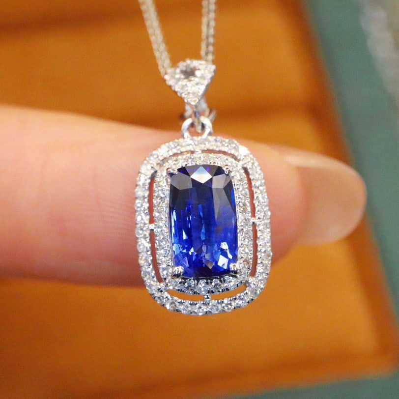 14k Gold 1.28 Ctw Natural Sapphire & Diamond Pendant( Without Chain ): Ref:231007219 // gold content:14k gold // main gemstone:sapphire // shape:cushion // carat weight:1. 06ct // color:blue // treatment:natural // // adjacent gemstone 2 : diamond // number of stones:74