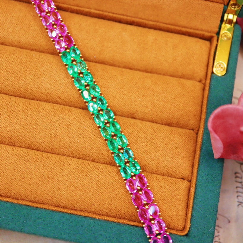 14k Gold 25.2 Ctw Natural Emerald & Sapphire Bracelet - 2
