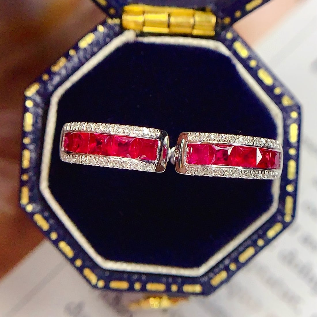 14k Gold 1 Ct Natural Ruby & Diamond Earrings: Ref:231007223 // gold content:14k gold // main gemstone:ruby // shape:princess // carat weight:1ct // color:red // treatment:natural // // adjacent gemstone 2 : diamond // number of stones:48 // shape