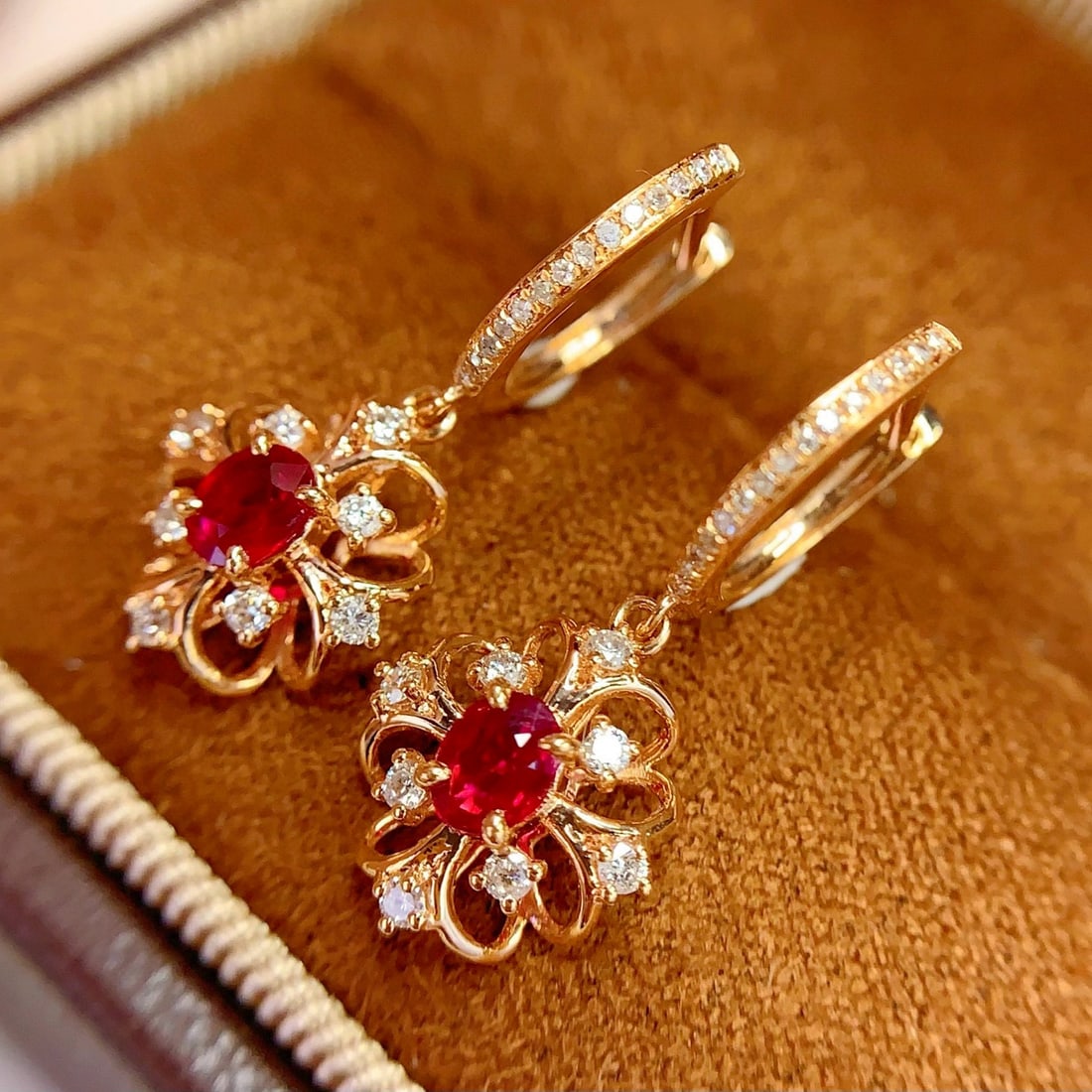14k Gold 0.8 Ct Natural Ruby & Diamond Earrings - 2