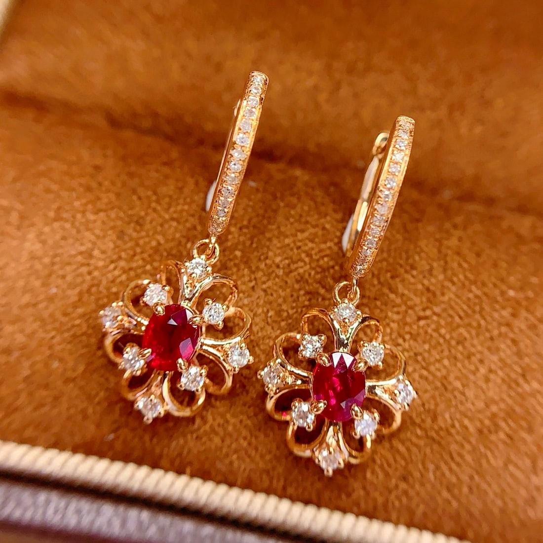 14k Gold 0.8 Ct Natural Ruby & Diamond Earrings - 5